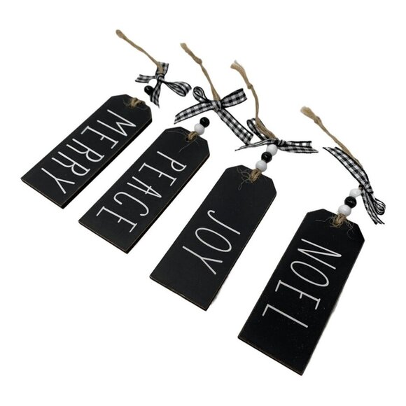 Christmas Mini Farmhouse Tag Ornament Set Of 4 Peace Joy Noel Checkered Ribbon - Picture 7 of 7